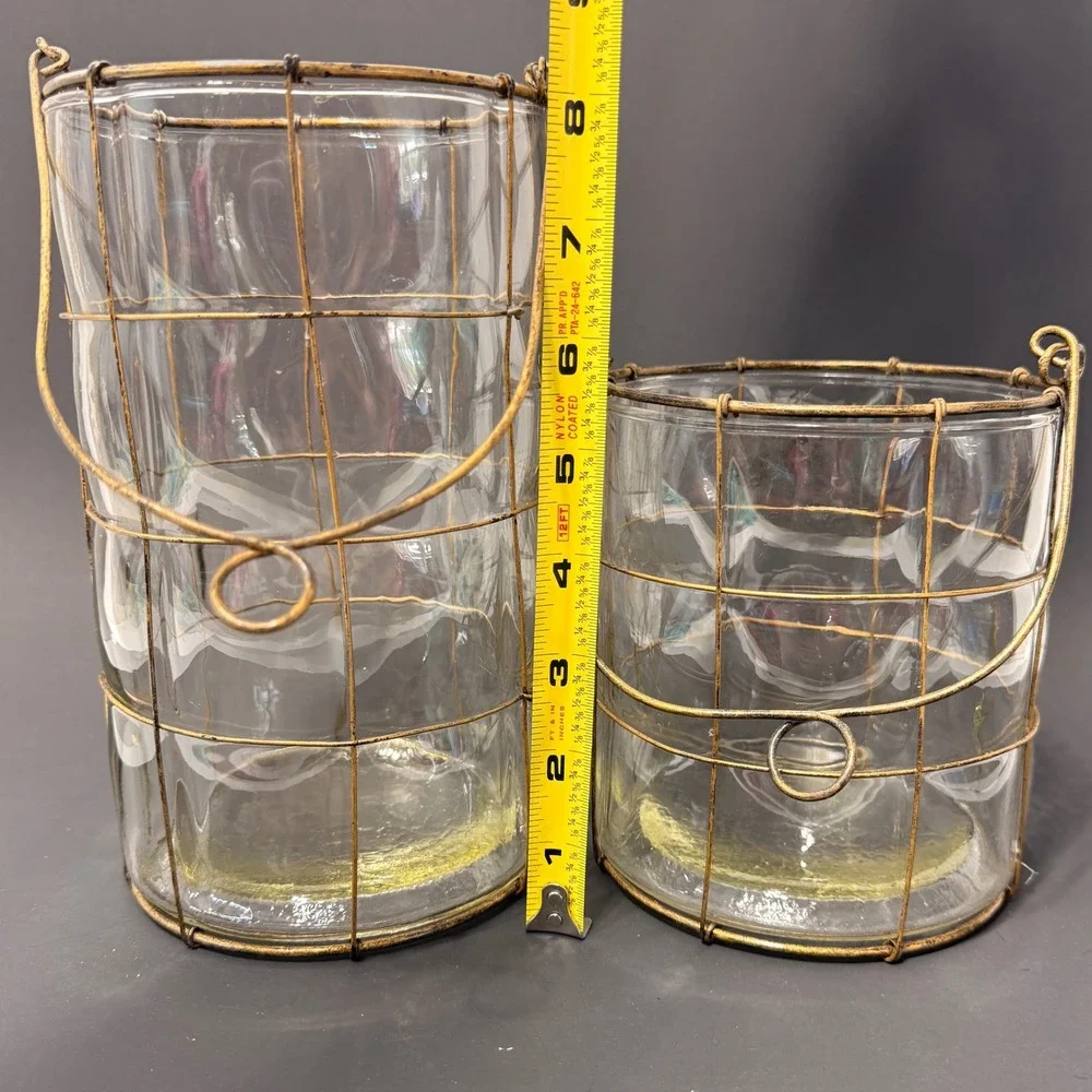 Rustic Wire Cage Glass Cylinder Vases Set of 2 Hurricane Candle Holders Gold